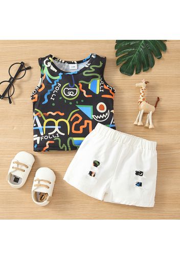 2pcs Baby Boy Allover Print Sleeveless Tank Top and Ripped Shorts Set