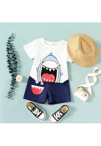 3pcs Toddler Boy Playful Straw Hat & Shark Print Tee and Shorts Set