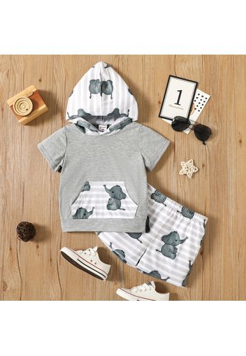 2-piece Toddler Boy Elephant Print Striped Hooded Short-sleeve Tee and Elasticized Shorts Set