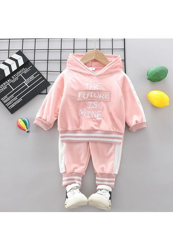 2pcs Baby Letter Embroidered Color Block Fleece Long-sleeve Hoodie and Trousers Set