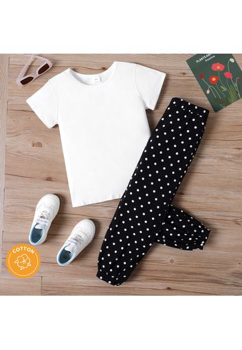 2pcs Kid Girl Short-sleeve White Tee (Pure Cotton) and Polka dots Black Pants Set