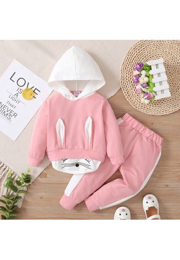 2-piece Toddler Girl Rabbit Print Ear Design Colorblock Hoodie and Pants Set