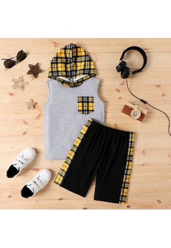 2pcs Kid Plaid Pocket Design Colorblock Sleeveless Hooded Tee and Elasticized Shorts Set