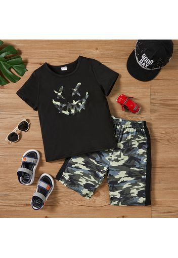 2pcs Kid Boy Emojis Print Short-sleeve Tee and Camouflage Print Shorts Set