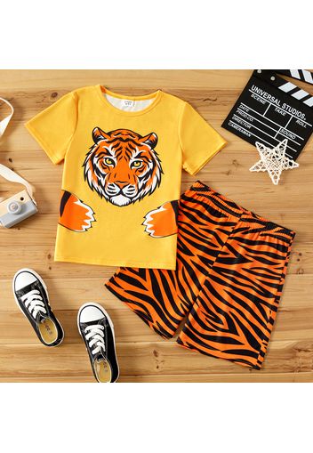 2pcs Kid Boy Animal Tiger Print Short-sleeve Yellow Tee and Striped Shorts Set