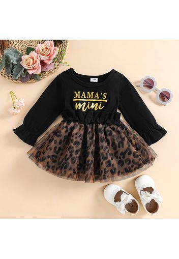 Baby Girl Letter Print Black Long-sleeve Splicing Leopard Mesh Dress