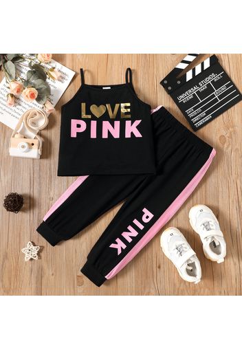 2-piece Toddler Girl Letter Heart Print Camisole and Elasticized Colorblock Pants Set