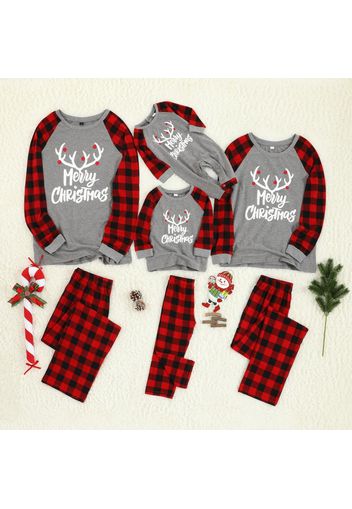 Merry Christmas Antler Letter Print Plaid Design Family Matching Pajamas Sets (Flame Resistant)