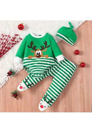 Christmas Cotton 3pcs Reindeer Pattern Red Baby Long-sleeve Striped Romper and Footed Pants Set