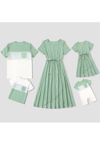 Family Matching Green Short-sleeve Tulip-Hem Dresses and Colorblock T-shirts Sets