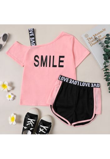 2-piece Kid Girl Letter Print One Shoulder Strap Tee and Dolphin Shorts Set