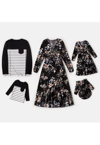 Family Matching All Over Floral Print Black V Neck Midi Dresses and Striped T-shirts Sets