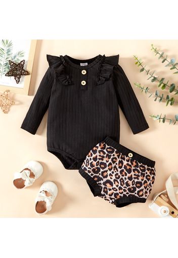 2pcs Baby Girl Ribbed Long-sleeve Ruffle Romper and All Over Leopard Shorts Set