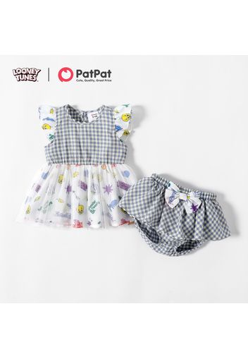 Looney Tunes 2pcs Baby Girl Plaid Splicing Print Flutter-sleeve Mesh Dress with Bowknot Shorts Set