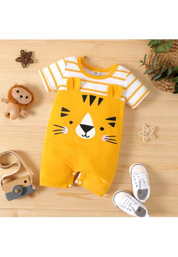 Baby Boy Cartoon Tiger Print Yellow Striped Short-sleeve Splicing Romper