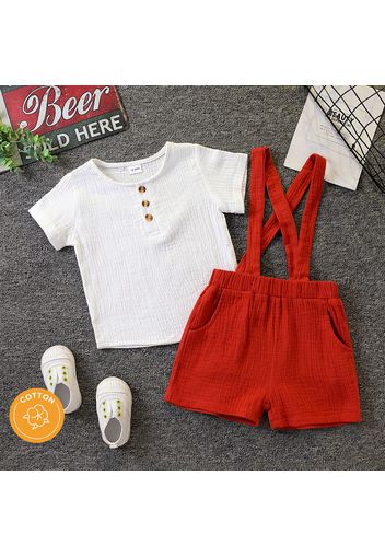 2pcs Toddler Boy Casual 100% Cotton Button Design Crepe Tee and Suspender Shorts Set