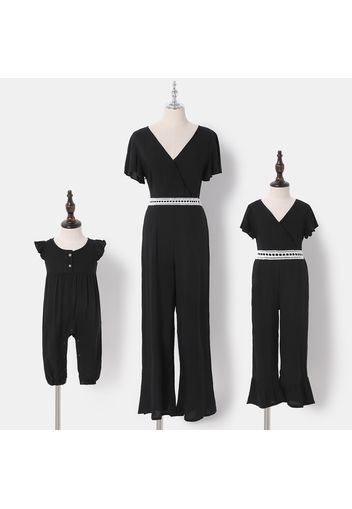 Solid Black Ruffle Short-sleeve V-neck Jumpsuit for Mom and Me