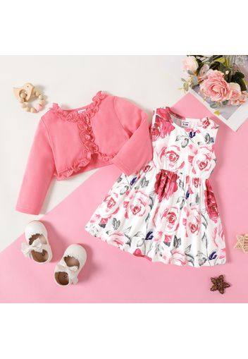 2pcs Baby Girl Solid Frill Trim Long-sleeve Cardigan and Allover Floral Print Tank Dress Set