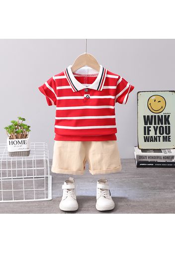 2pcs Stripe Print Polo Collar Short-sleeve Red T-shirt and Khaki Shorts Set