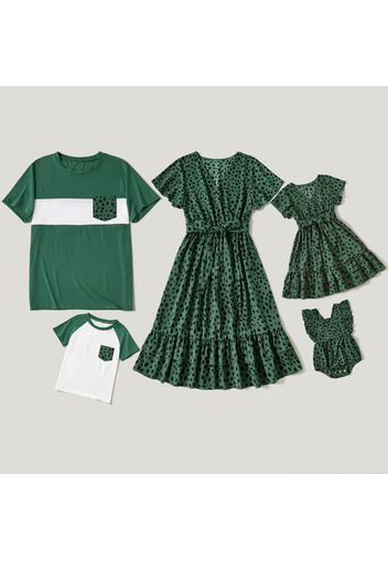 Polka Dot Green Family Matching Sets（Belted Ruffle Hem Dresses and Short-sleeve T-Shirts）