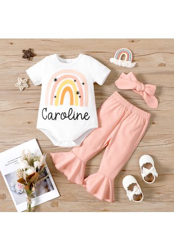 3pcs Baby Girl Rainbow Letter Print Short-sleeve Romper and Pink Ribbed Bell Bottom Pants with Headband Set