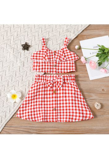 2-piece Toddler Girl Plaid Button Design Flounce Cami Top and Bowknot Design Paperbag Skirt Set