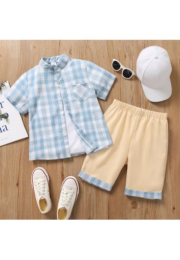 2-piece Kid Boy Plaid Button Design Short-sleeve Tee and Colorblock Shorts Set