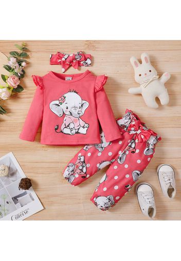 3pcs Baby Girl 95% Cotton Long-sleeve Cartoon Elephant Print T-shirt and Allover Print Pants with Headband Set