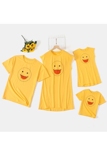 Family Matching Smiley Print Tridimensional Tongue Dresses and Short-sleeve T-shirts Sets