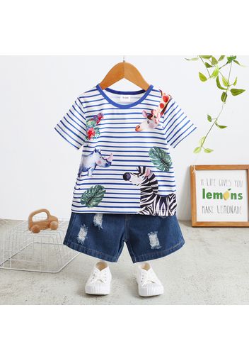 2pcs Toddler Boy Ripped Denim Shorts and Playful Dinosaur Print Stripe Tee Set