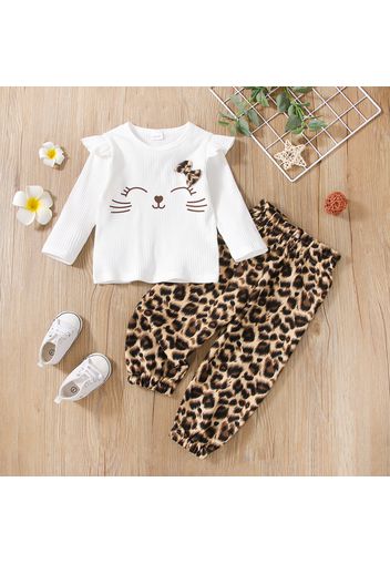 2-piece Toddler Girl Ruffled Cat Print Bowknot Design Long-sleeve Top and Leopard Print Paperbag Pants Set