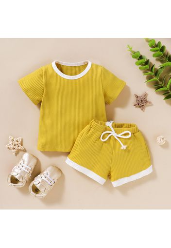 2pcs Ribbed Solid Short-sleeve Baby Set