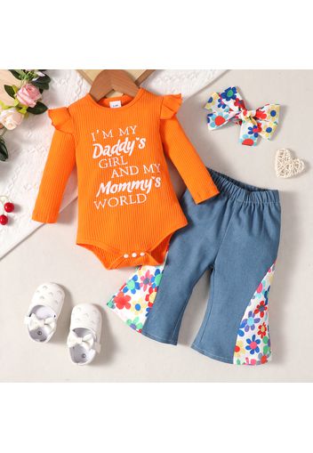 2pcs Baby Girl 95% Cotton Long-sleeve Letter Print Rib Knit Romper and Floral Print Flared Jeans Set