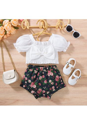 2pcs Baby Girl Bowknot Puff-sleeve Shirred Crop Top and Floral Print Denim Shorts Set