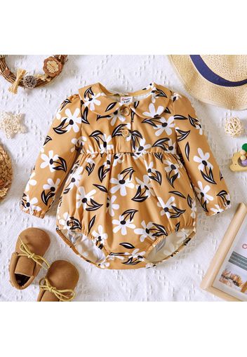 Baby Girl 100% Cotton Solid Brown/Floral Print Doll Collar Long-sleeve Romper