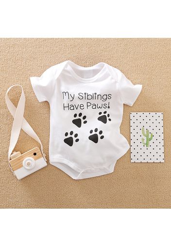 100% Cotton Letter and Paw Print Short-sleeve White Baby Romper