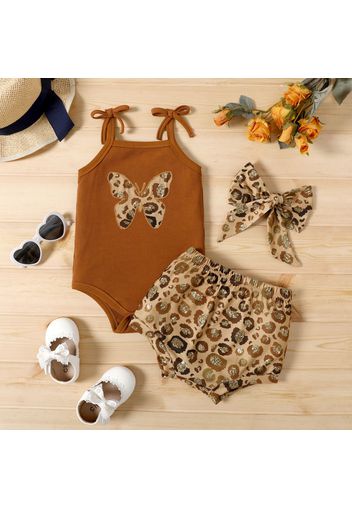 3pcs Baby Girl Butterfly Embroidered Spaghetti Strap Ribbed Romper and Leopard Shorts with Headband Set