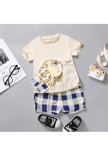 2pcs Toddler Boy Playfyl Lion Letter Print Tee and Plaid Shorts Set