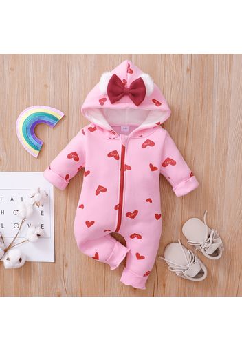 Heart or Strawberry Allover 3D Ear Decor Hooded Long-sleeve Baby Jumpsuit