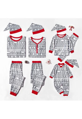 Christmas Theme Patterned Family Matching Pajamas Sets With a Hat (Flame Resistant)