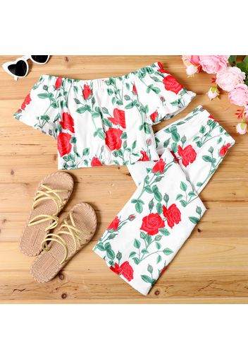 2-piece Kid Girl Off Shoulder Floral Print/Stripe Tee and Elasticized Wide Leg Pants Set