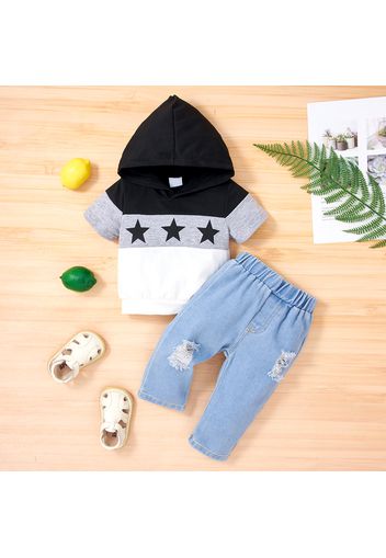 2pcs Baby Boy Stars Print Colorblock Short-sleeve Hooded Top and Ripped Jeans Set