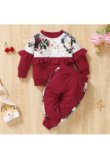 2pcs Baby Girl Floral Print Splicing Solid Ruffle Long-sleeve Sweatshirt and Trousers Set