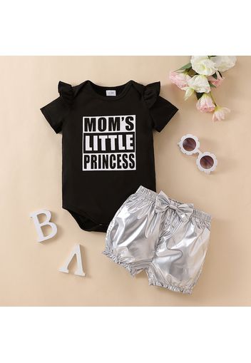 2pcs Baby Girl Letter Print Ruffle Short-sleeve Romper and Metallic Shorts Set