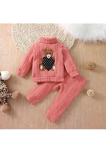 2pcs Teddy and Heart Applique Knitted Turtleneck Long-sleeve White Baby Set