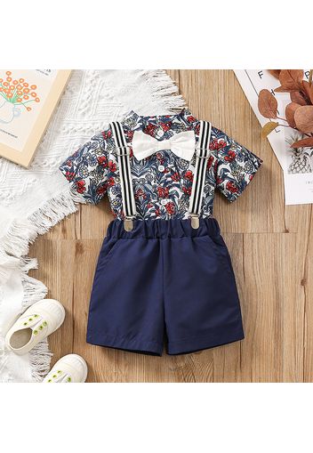 2pcs Baby Boy Bow Tie Decor Allover Floral Print Short-sleeve Shirt and Suspender Shorts Set