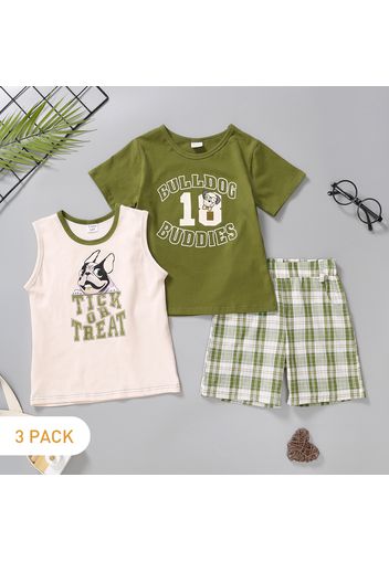 3-Pack Toddler Boy Animal/Letter Print Tee & Tank Top and Plaid Shorts Set