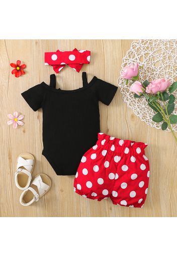 3pcs Baby Girl 95% Cotton Ribbed Short-sleeve Cold Shoulder Romper and Polka Dots Bloomers Shorts with Headband Set