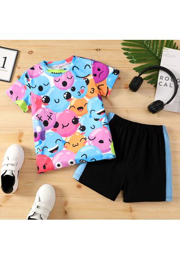 2pcs Kid Boy Funny Face Emojis Print Colorblock Short-sleeve Tee and Elasticized Shorts Set