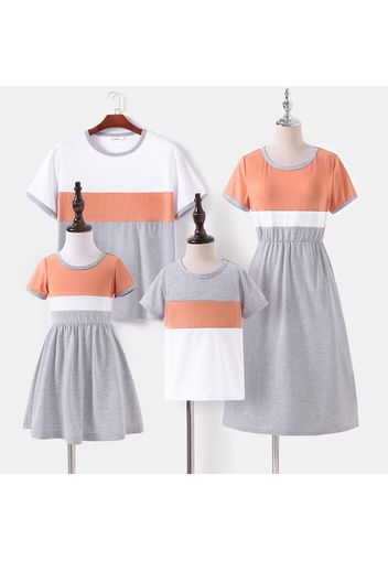 Family Matching Grey Colorblock Short-sleeve Midi Dresses and T-shirts Sets